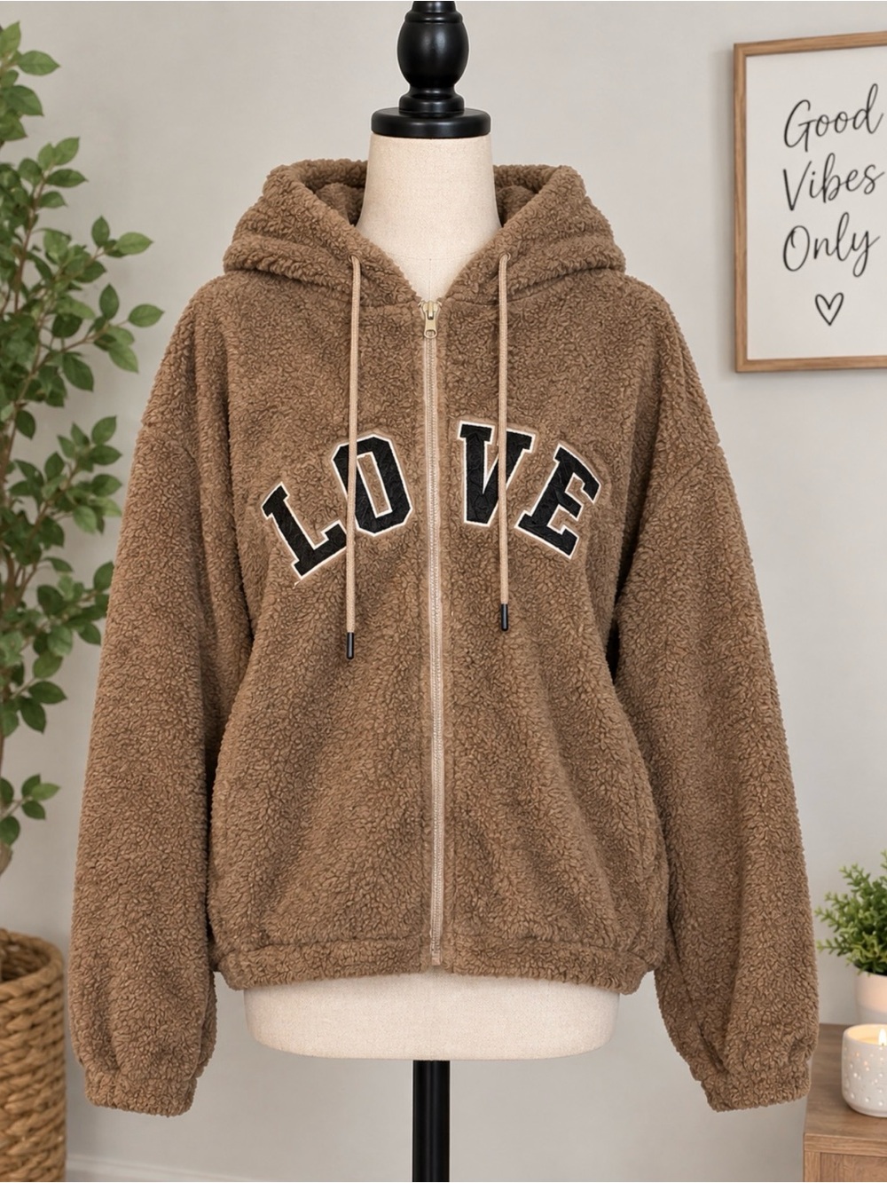 Women's Brown Teddy Sherpa Zip Hoodie with LOVE Applique